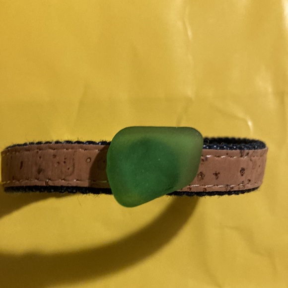 Handmade Bracelet with cork and denim, Sea-Glass Charm, and Magnetic Fasten - Picture 1 of 5